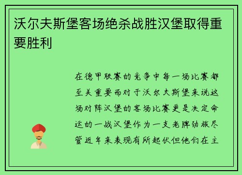 沃尔夫斯堡客场绝杀战胜汉堡取得重要胜利